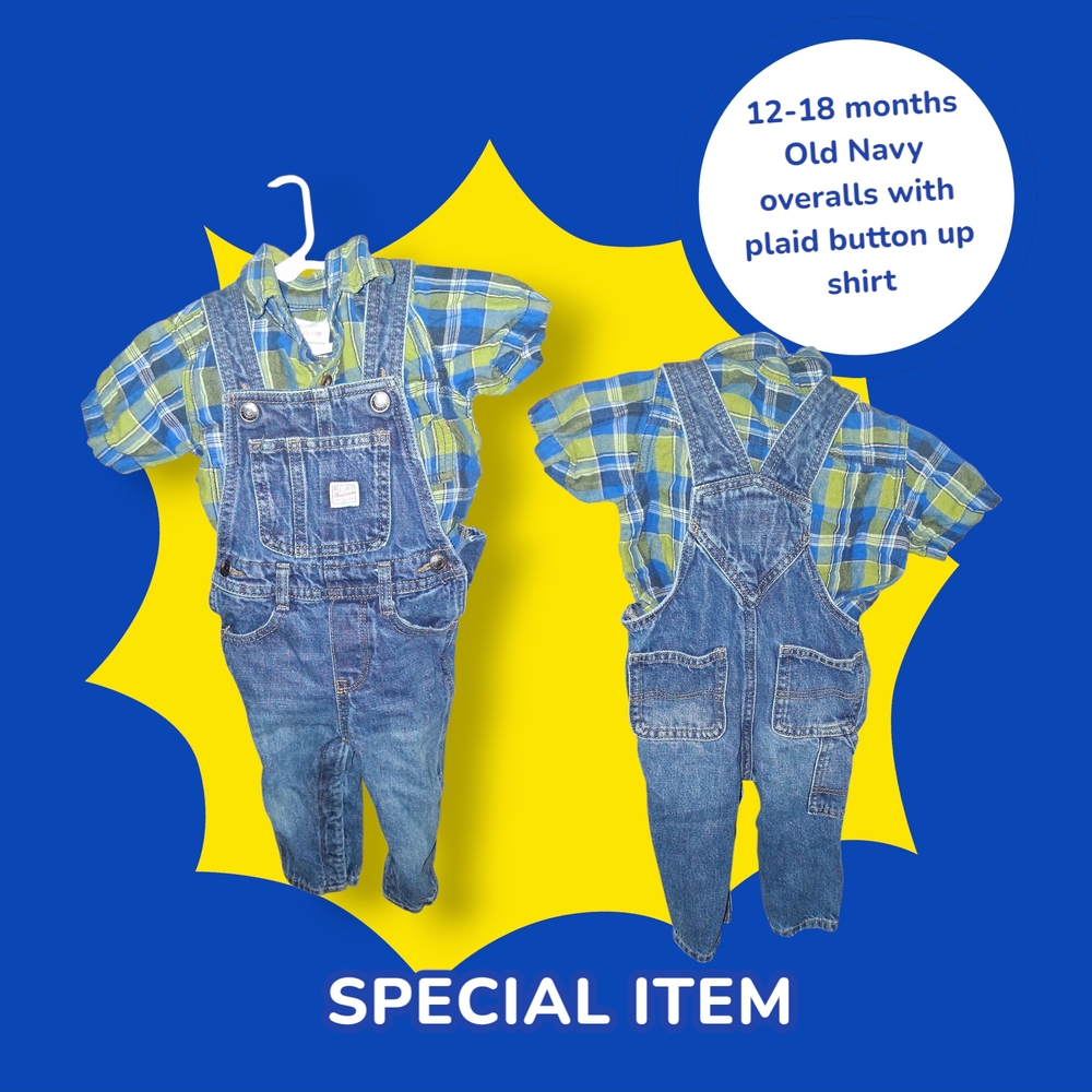 Old Navy Denim Overalls with Green Plaid Shirt